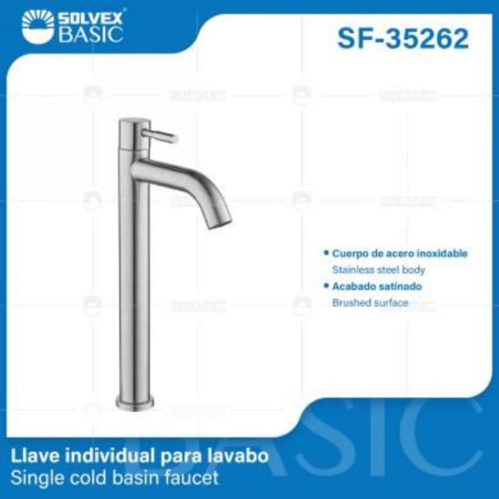 Solvex Basic Llave Satinada Individual De Acero Inoxidable Para Lavamanos Mango Tipo Palanca 27cm