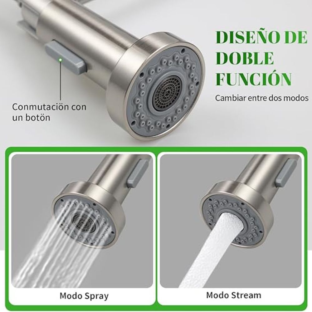 Solvex Smart Grifería Satinada Monomando Para Fregadero Con Rociador Extraible y Doble Función