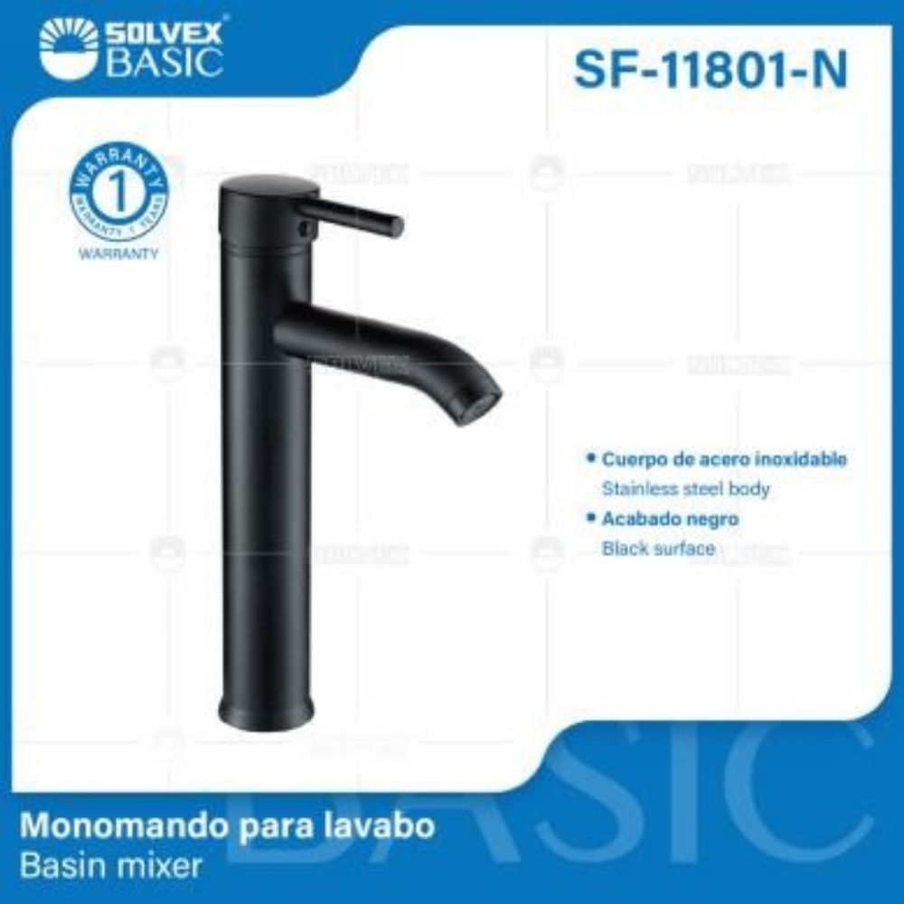 Solvex Basic Grifería Negra Monomando De Acero Inoxidable Para Lavamanos Mango Tipo Palanca De Zinc 29Cm