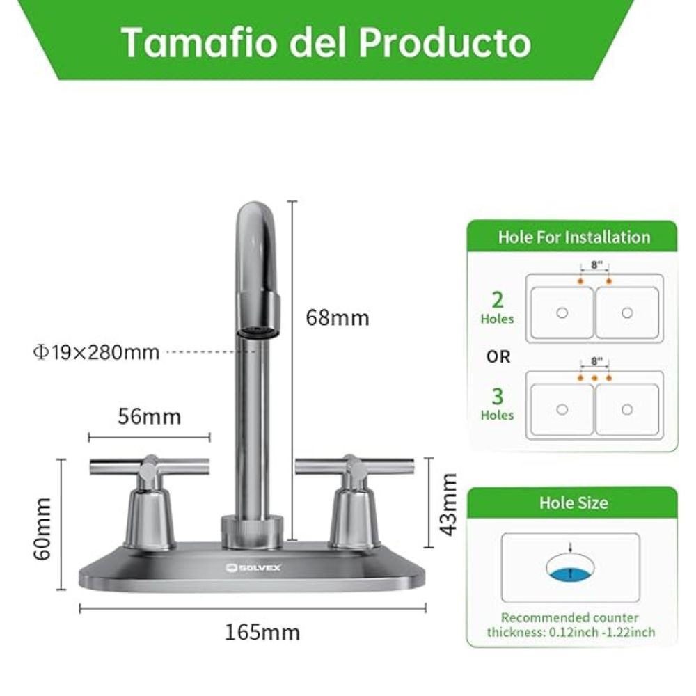 Solvex Smart Grifo Satinado Para Lavamanos Cuello Cisne De 4" Manillas Zinc De Giro Completo