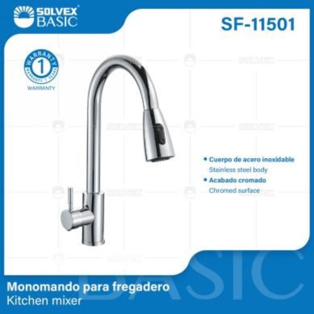Solvex Basic Grifería Cromada Monomando Acero Inoxidable 2 Funciones Para Fregadero