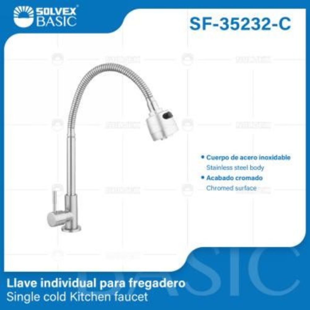 Solvex Basic Llave Cromada Individual De Acero Inoxidable Para Fregadero 2 Funciones