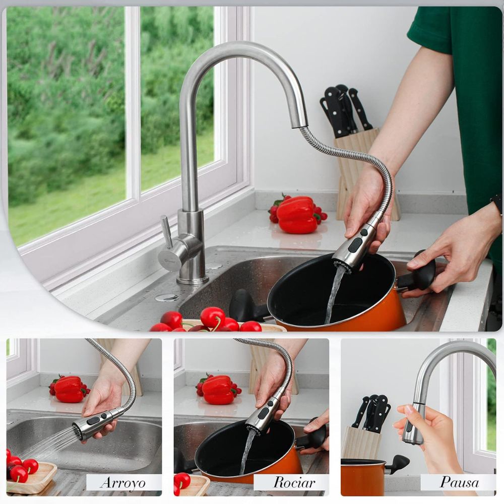 Solvex Smart Grifería Satinada Monomando Para Fregadero Cuello Cisne Nariz Retráctil 2 Funciones Con Manguera Extensible De 1,5m