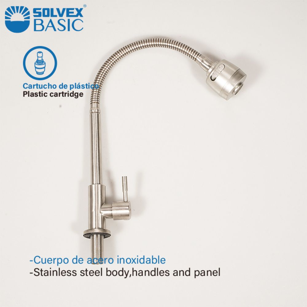 Solvex Basic Llave Cromada Individual De Acero Inoxidable Para Fregadero 2 Funciones