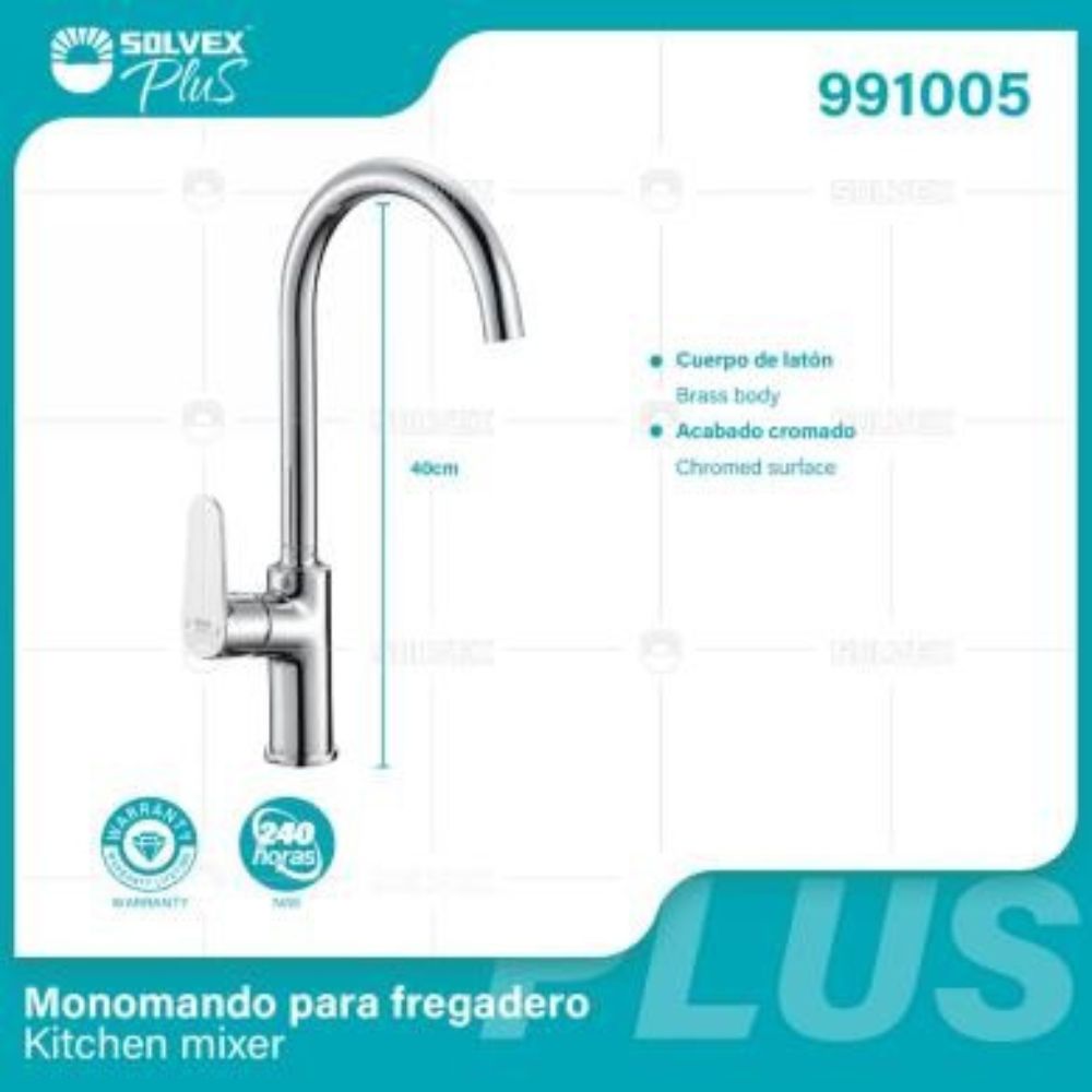 Solvex Plus Grifería Cromada Monomando Cuello Cisne Para Fregadero 40cm