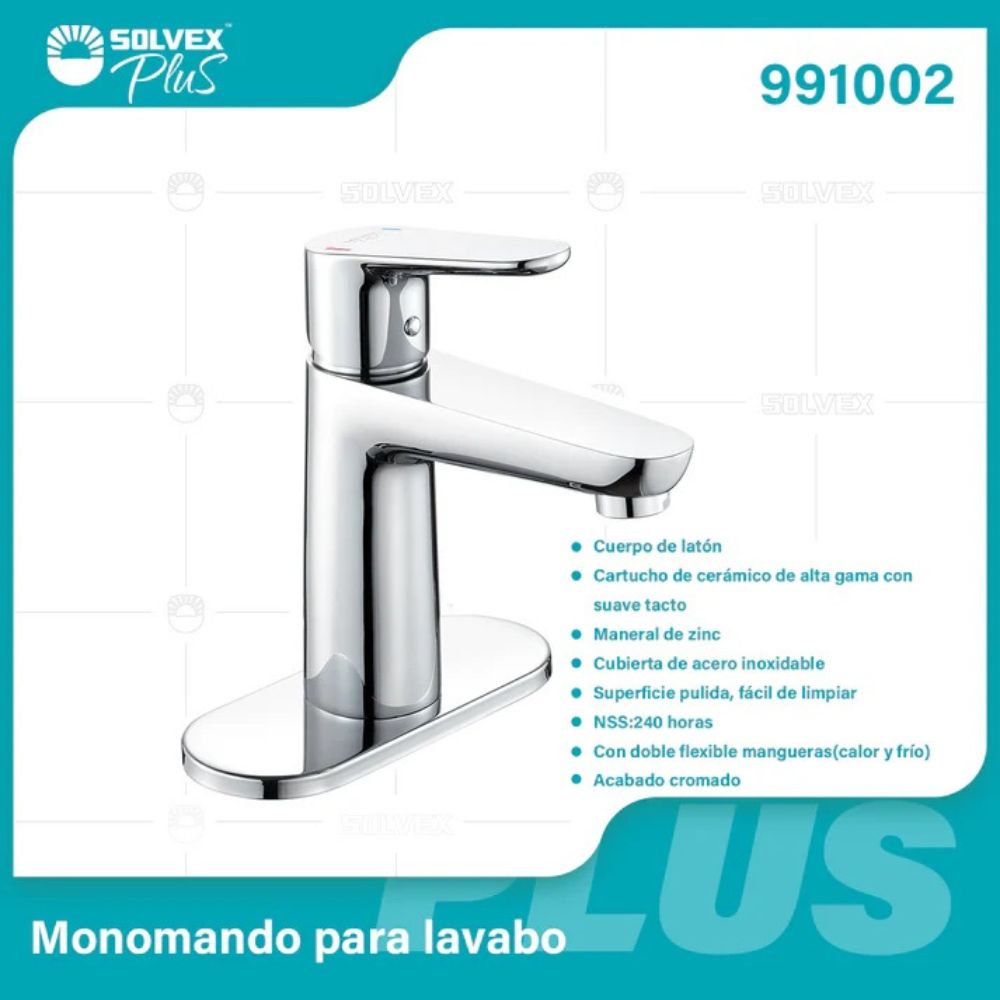 Solvex Plus Grifería Cromada Monomando Para Lavamanos Con Flange Acero Inoxidable de 6" 18,5 Cm