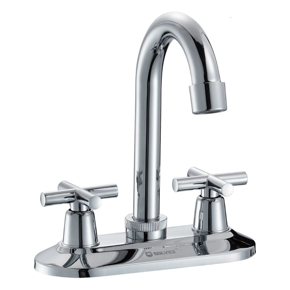 Solvex Smart Grifo Cromado Para Lavamanos Cuello Cisne De 4" Manillas Zinc De Giro Completo