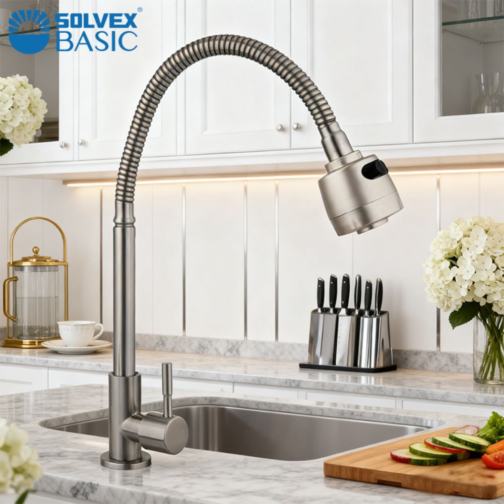 Solvex Basic Llave Cromada Individual De Acero Inoxidable Para Fregadero 2 Funciones