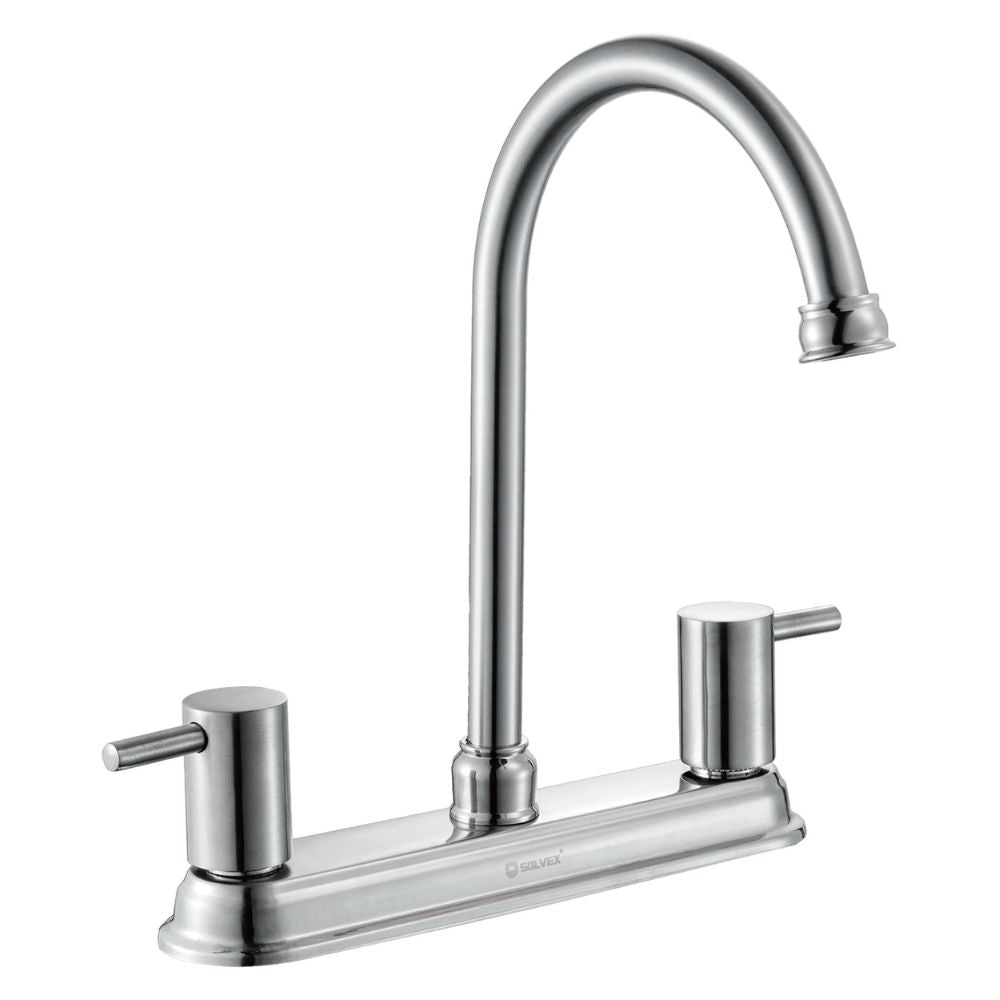 Solvex Smart Grifo Satinado Para Fregadero De Latón Cuello Cisne De 8" Manijas Palanca 1/4 De Vuelta De Zinc