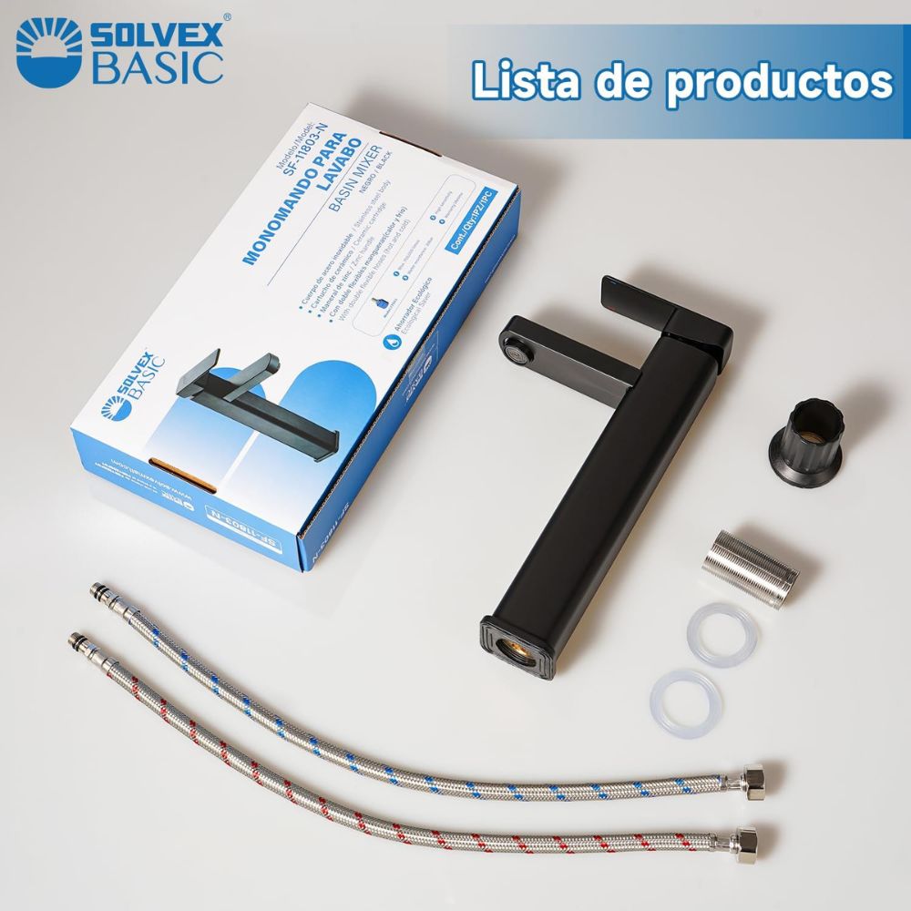 Solvex Basic Grifería Negra Cuadrada Monomando De Acero Inoxidable Para Lavamanos Mango De Zinc 29cm