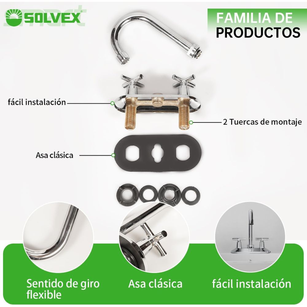 Solvex Smart Grifo Cromado Para Lavamanos Cuello Cisne De 4" Manillas Zinc De Giro Completo