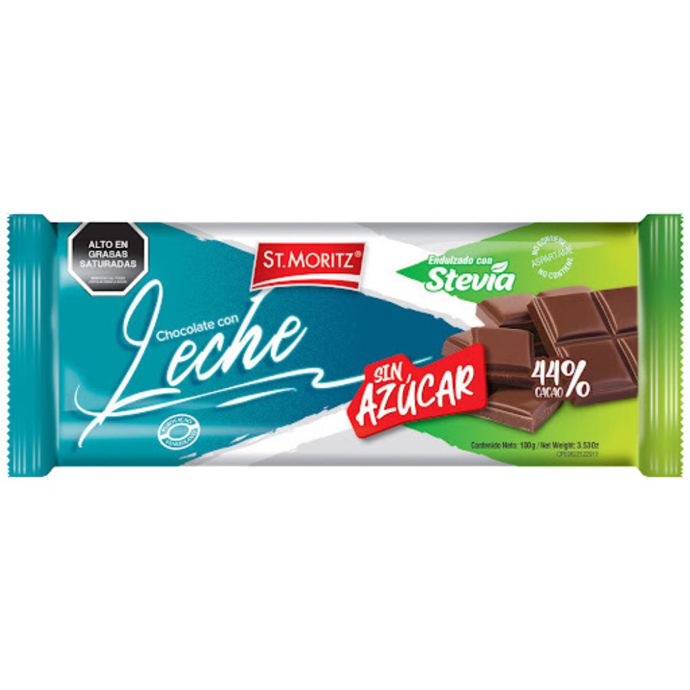 St. Moritz Chocolate con Leche Sin Azucar 44% Endulzado con Stevia 100gr 1 Und