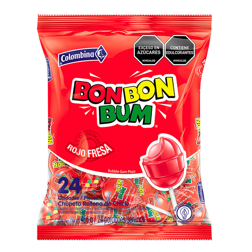 Bon Bon Bum 24 Chupetas Rojo Fresa 456 gr