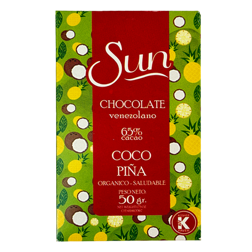 Chocolate Sun Chocolate Venezolano 65% Cacao Coco Piña Orgánico y Saludable 50gr