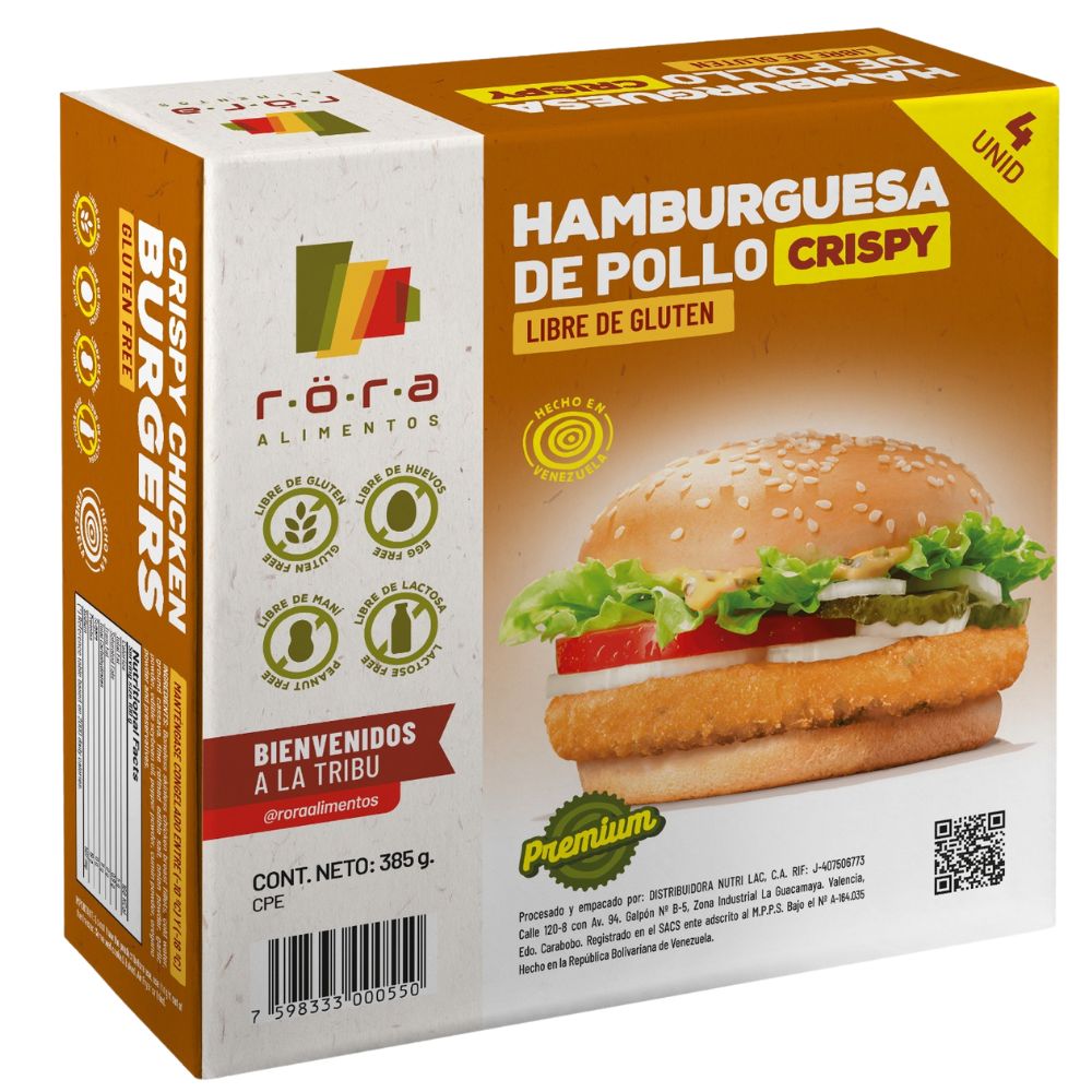 Hamburguesa Crispy Precocida de Pollo Rora Alimentos Libre de Gluten 4 Und