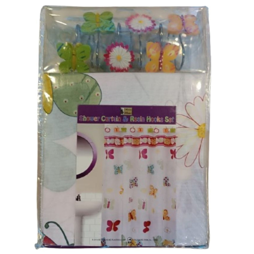 Cortina Para Ducha Shower Curtain & Resin Hooks Set 70" x 72" Mariposas
