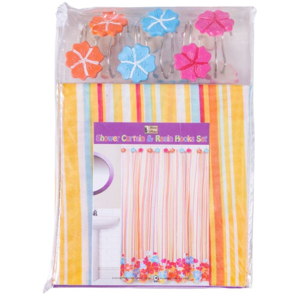 Cortina Para Ducha Shower Curtain & Resin Hooks Set 70" x 72" Flores