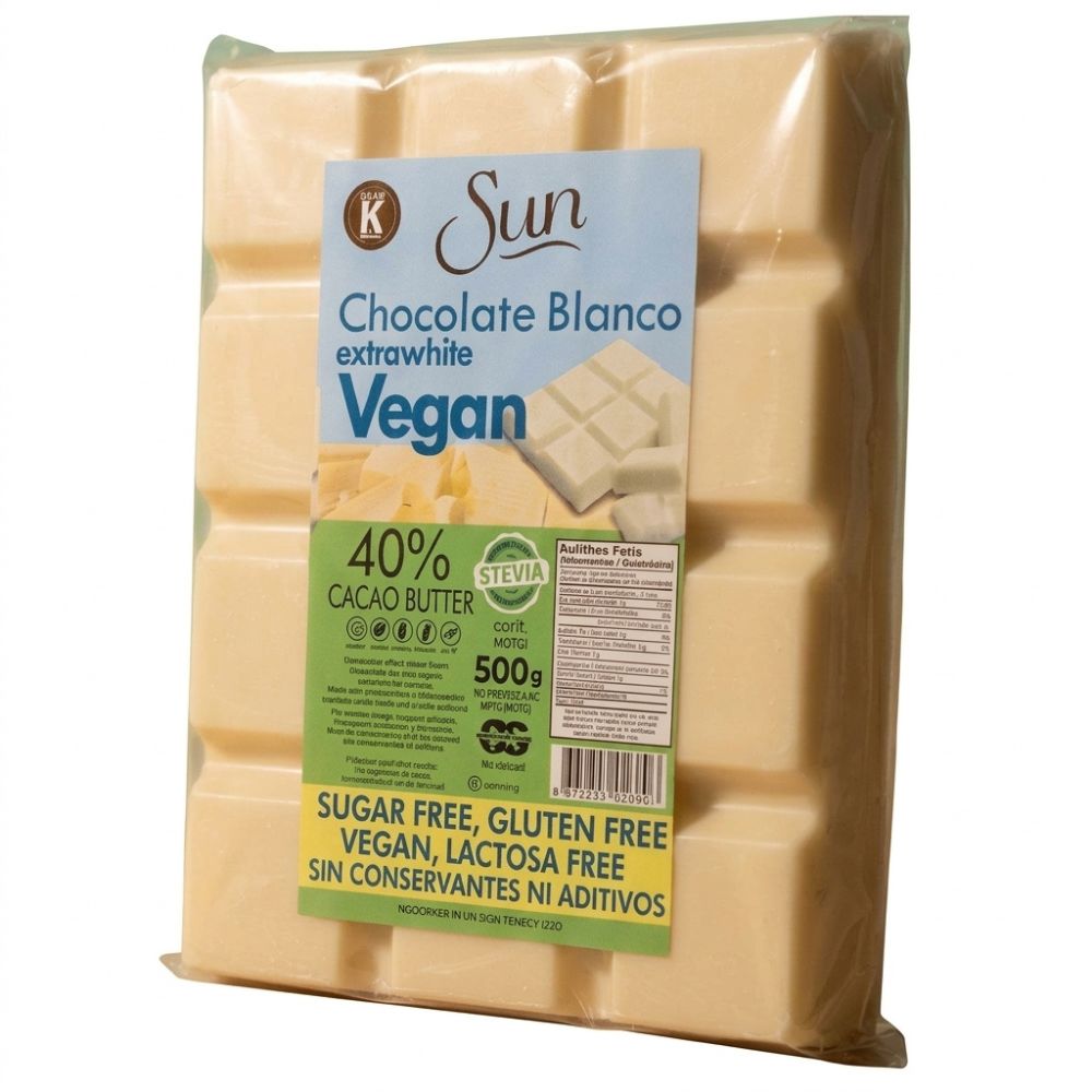 Chocolate Sun Blanco Vegan Endulzado Con Stevia 40% Manteca de Cacao 500gr