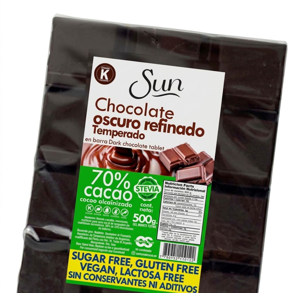 Chocolate Oscuro En Barra Refinado y Temperado Endulzado Con Stevia 70% 500gr