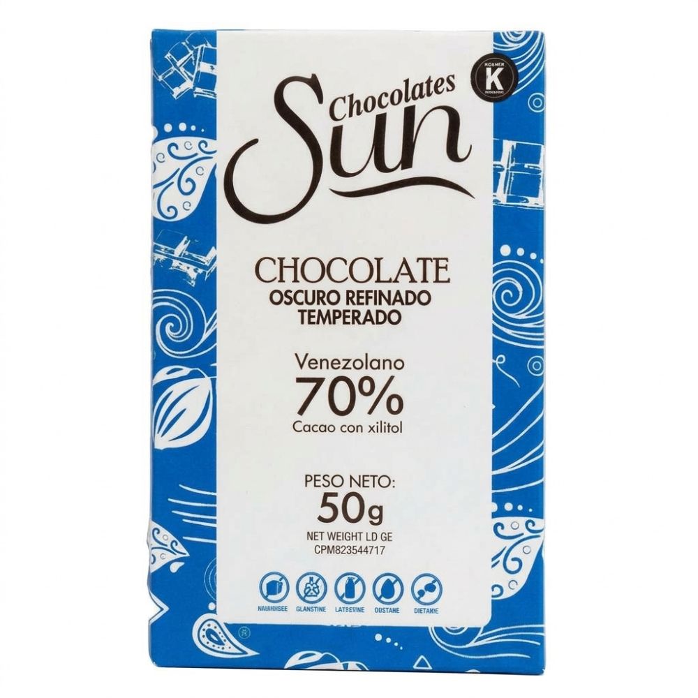 Chocolate Oscuro En Barra Refinado y Temperado Endulzado Con Xilitol 70% 50gr