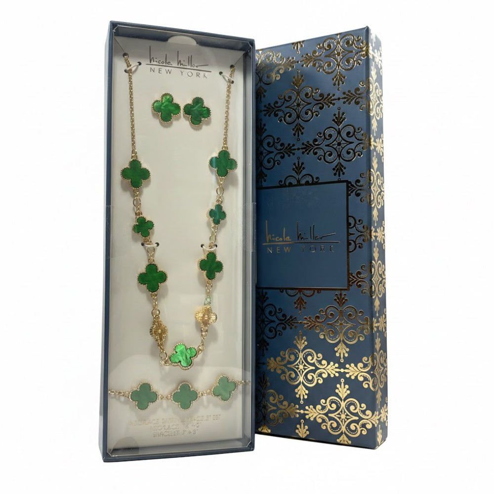 Nicole Miller Set De Collar Y Zarcillos Gold Trébol Green