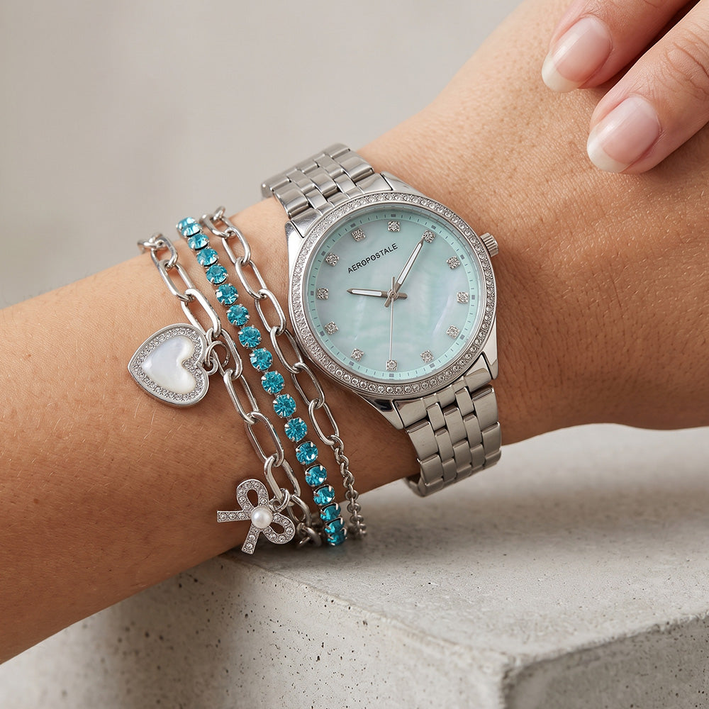 Aeropostale Set De Reloj y Pulseras Silver And Blue