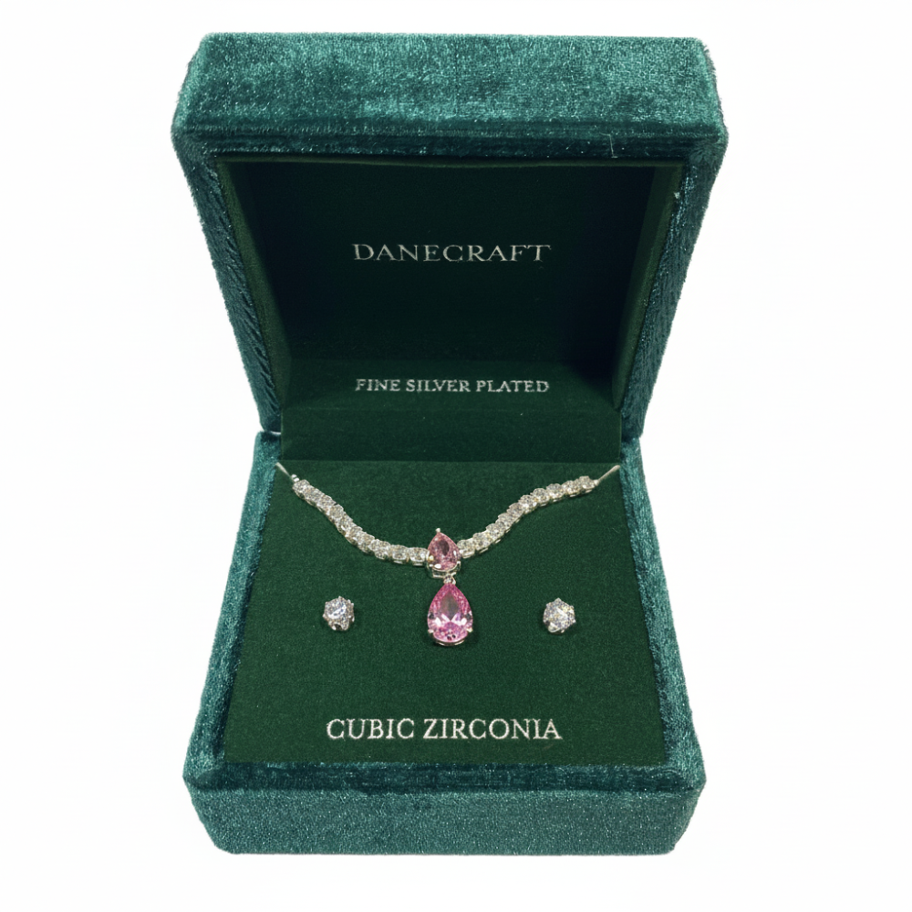 Danecraft Set De Gargantilla Y Zarcillos Pink Cubic Zirconia