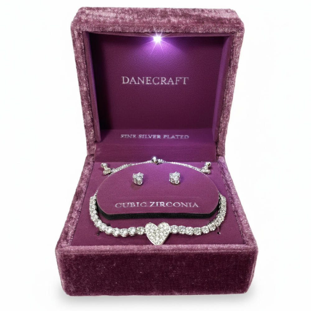 Danecraft Set De Pulsera Y Zarcillos Corazon Cubic Zirconia