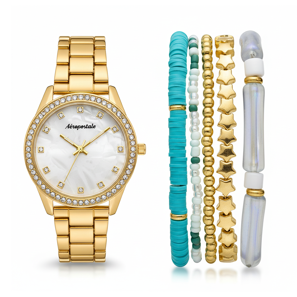 Aeropostale Set De Reloj y Pulseras Golden Blue