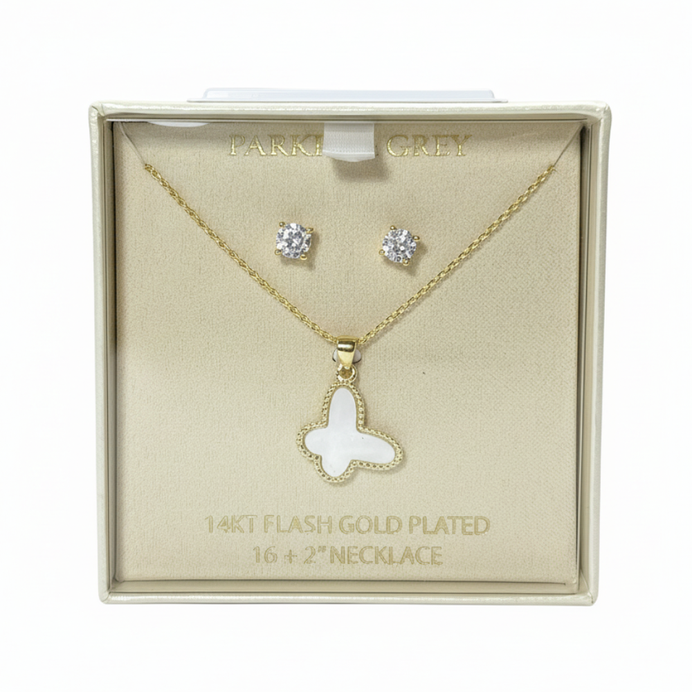 Parker & Grey Set De Collar Y Zarcillos Mariposa White & Gold