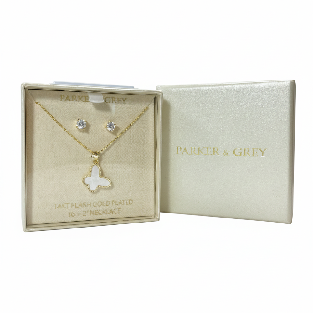 Parker & Grey Set De Collar Y Zarcillos Mariposa White & Gold