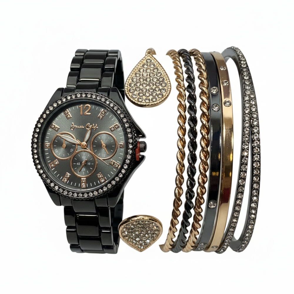 Jessica Carlyle Set De Reloj y Pulseras Black Gold