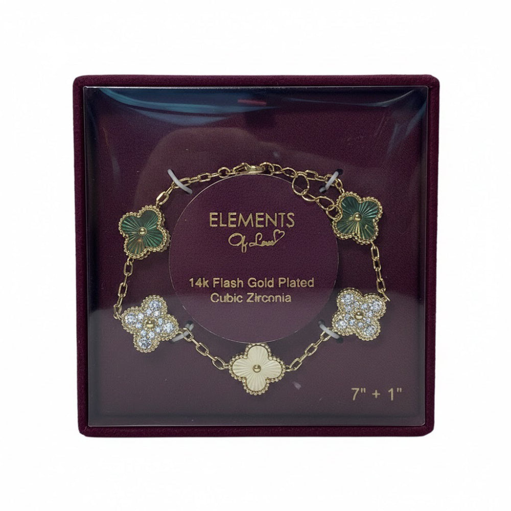 Element Of Love Pulsera De Trébol Green Flash Gold Plated Cubic Zirconia