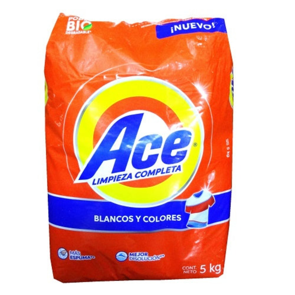 Ace Detergente 5kg Blancos y Colores En Polvo Para Ropa Bio Espuma