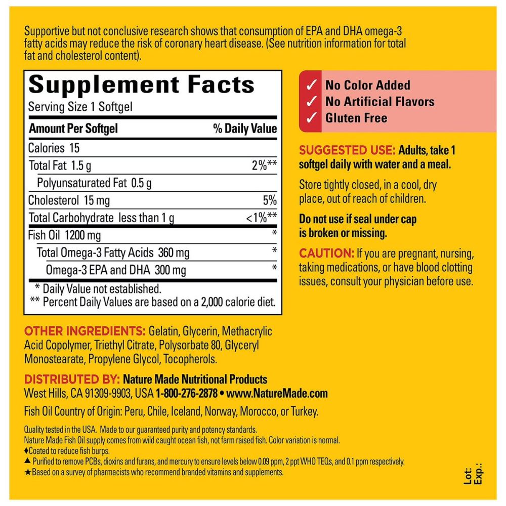 Fish Oil Nature Made Burp Less 360mg Omega 3 1200mg 240 Softgels