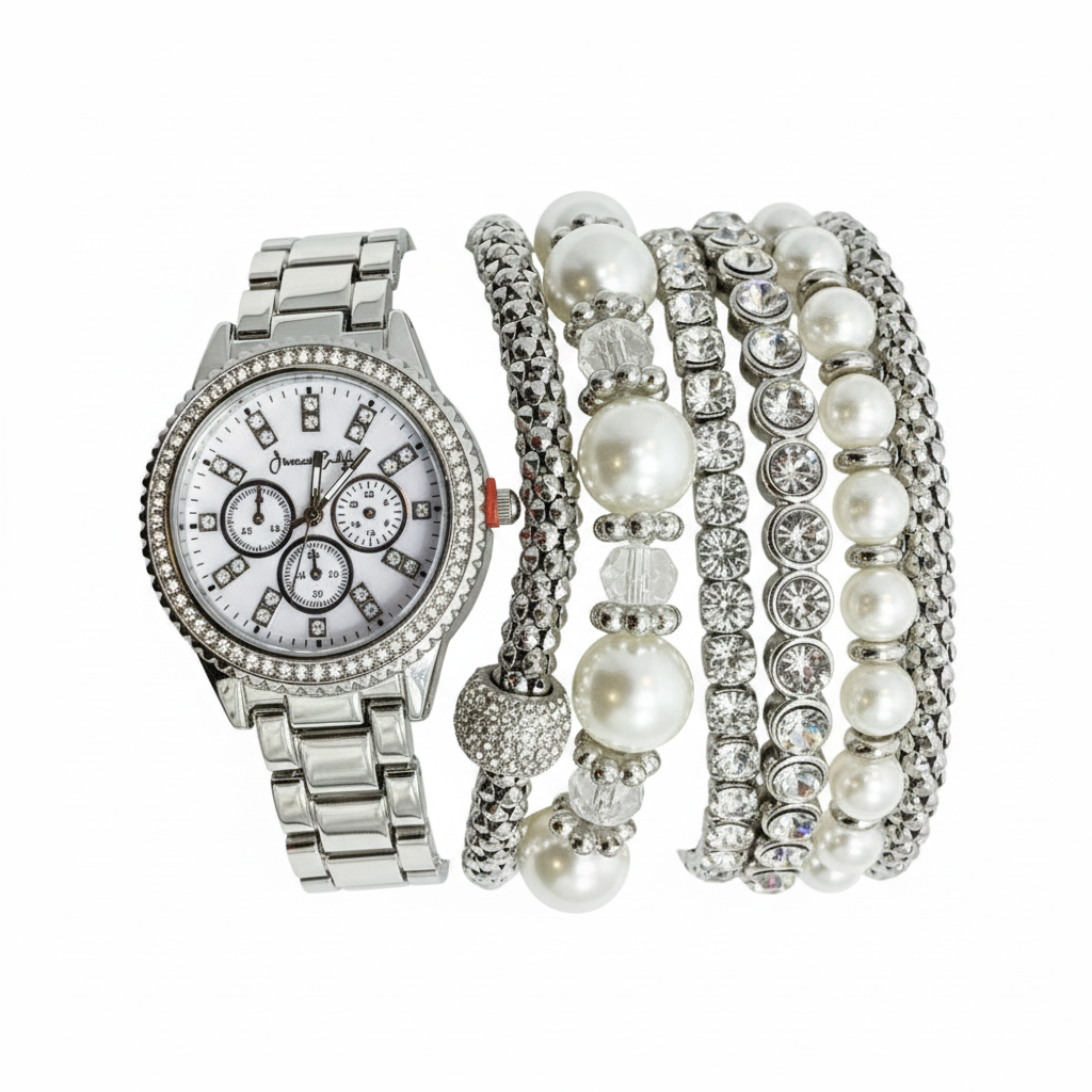 Jessica Carlyle Set De Reloj Y Pulseras Plated & Perlas