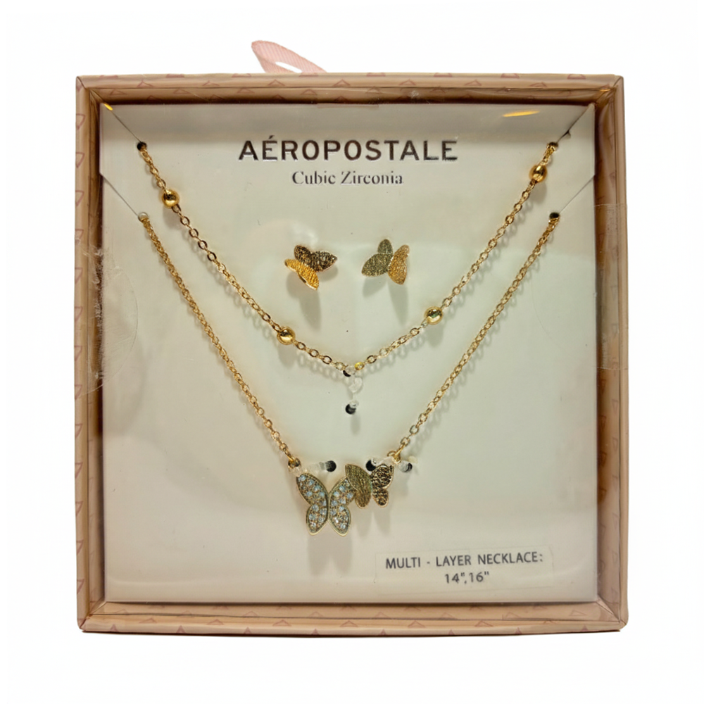 Aeropostale Set De Collar Doble Y Zarcillos de Mariposa