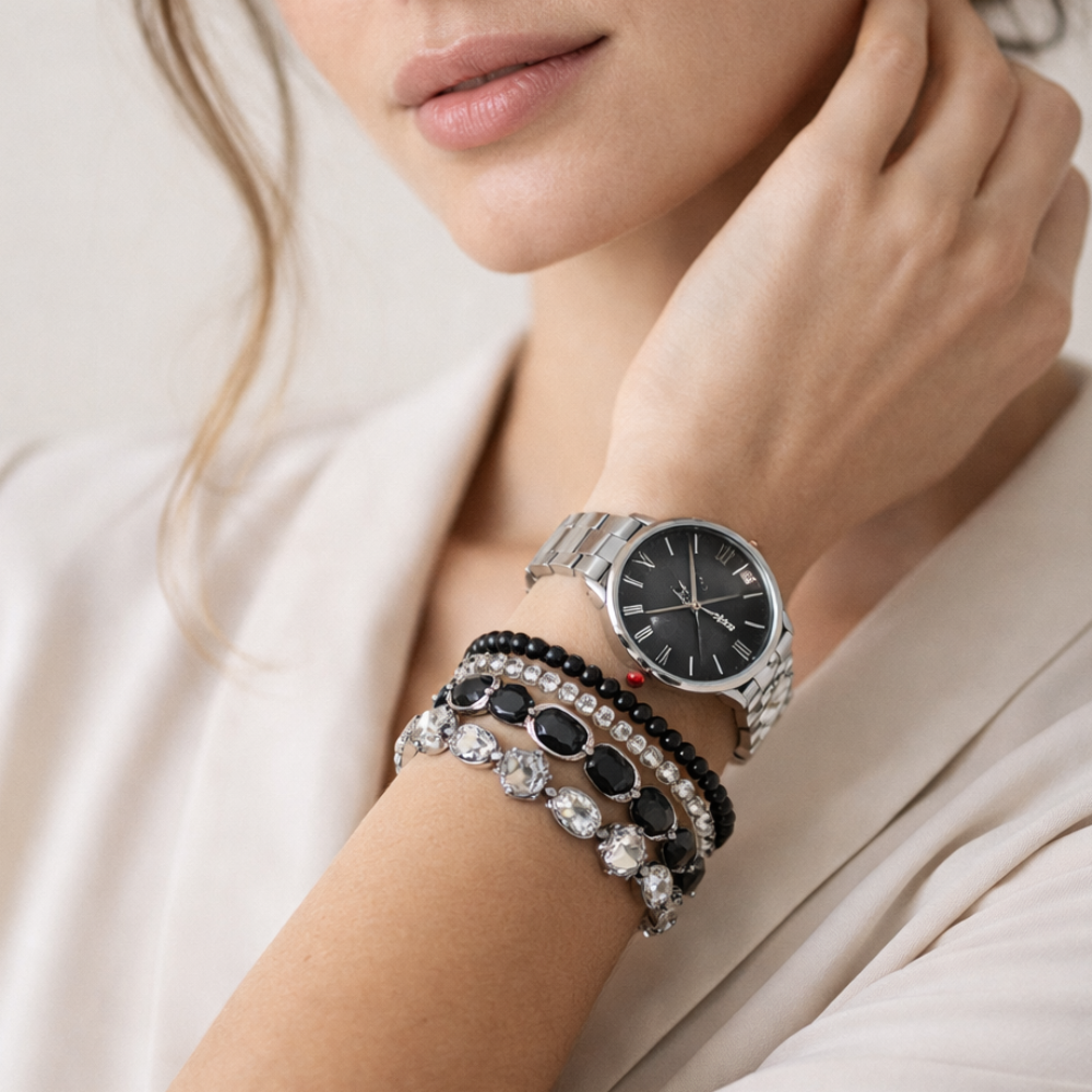 Jessica Carlyle Set De Reloj y Pulseras Silver Black