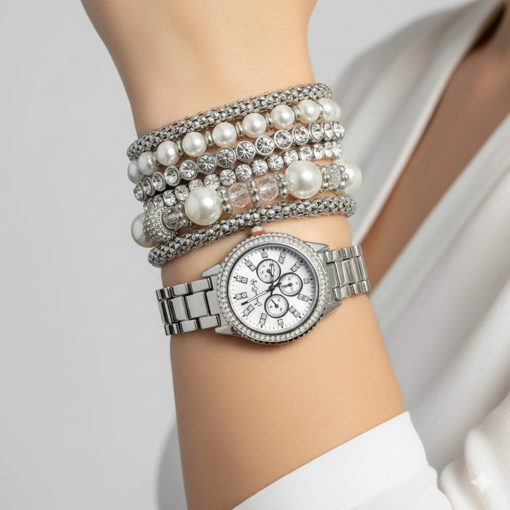 Jessica Carlyle Set De Reloj Y Pulseras Plated & Perlas