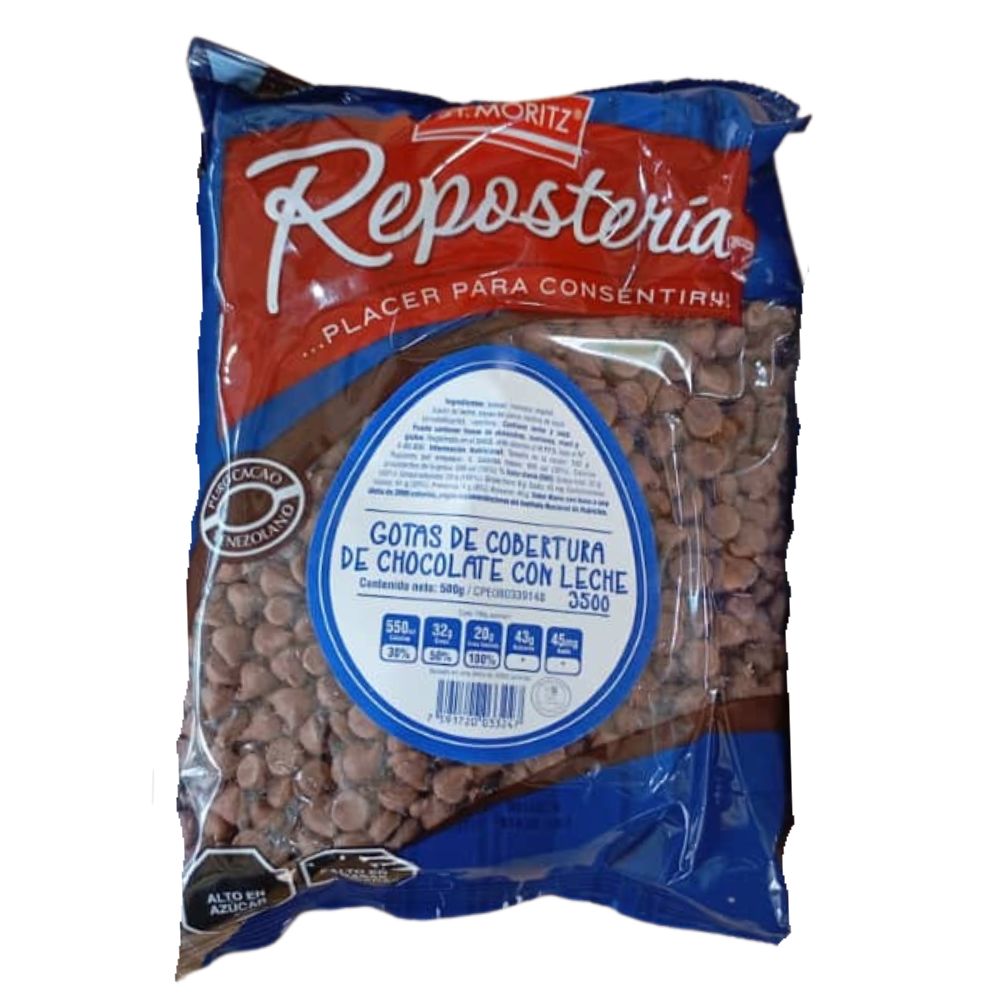St. Moritz Reposteria Gotas de Cobertura de Chocolate de Leche 3500. 500gr