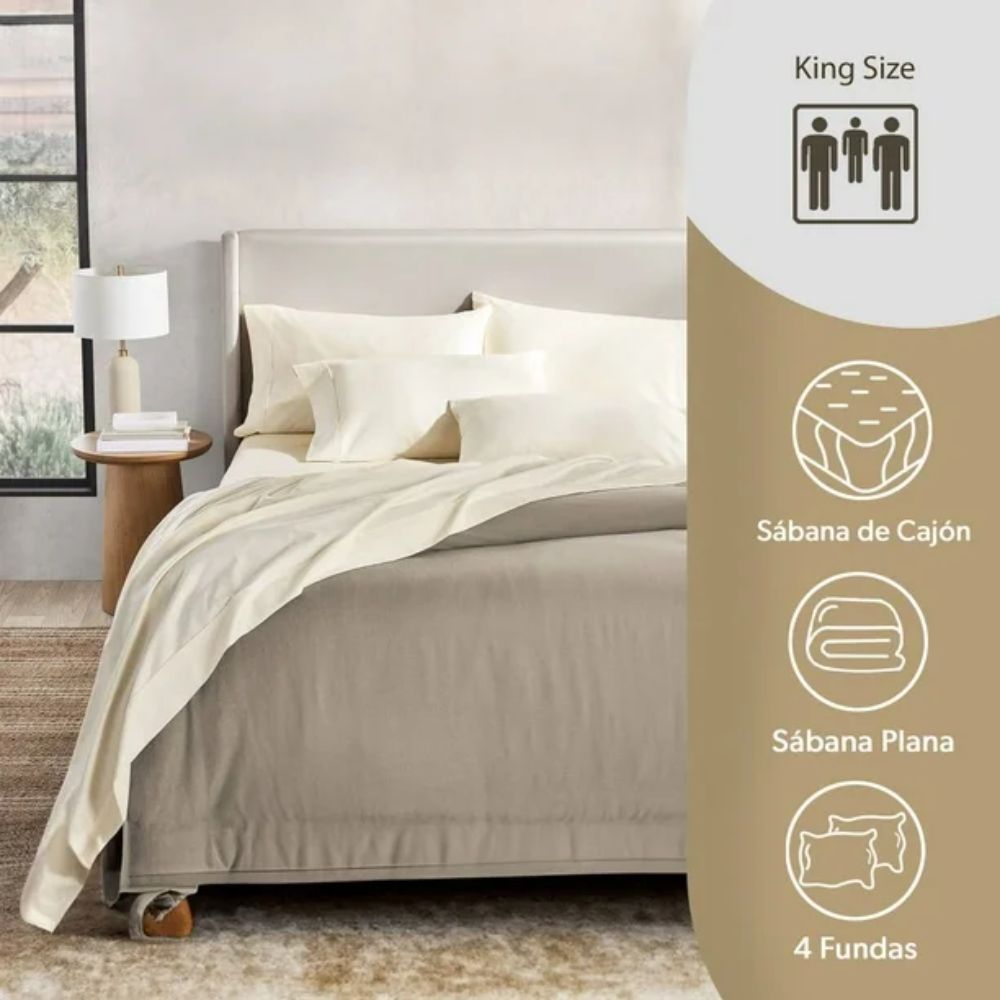 Set Sabanas 500 Hilos Algodon Member's Mark Tamaño King Color Vanilla 6 Piezas