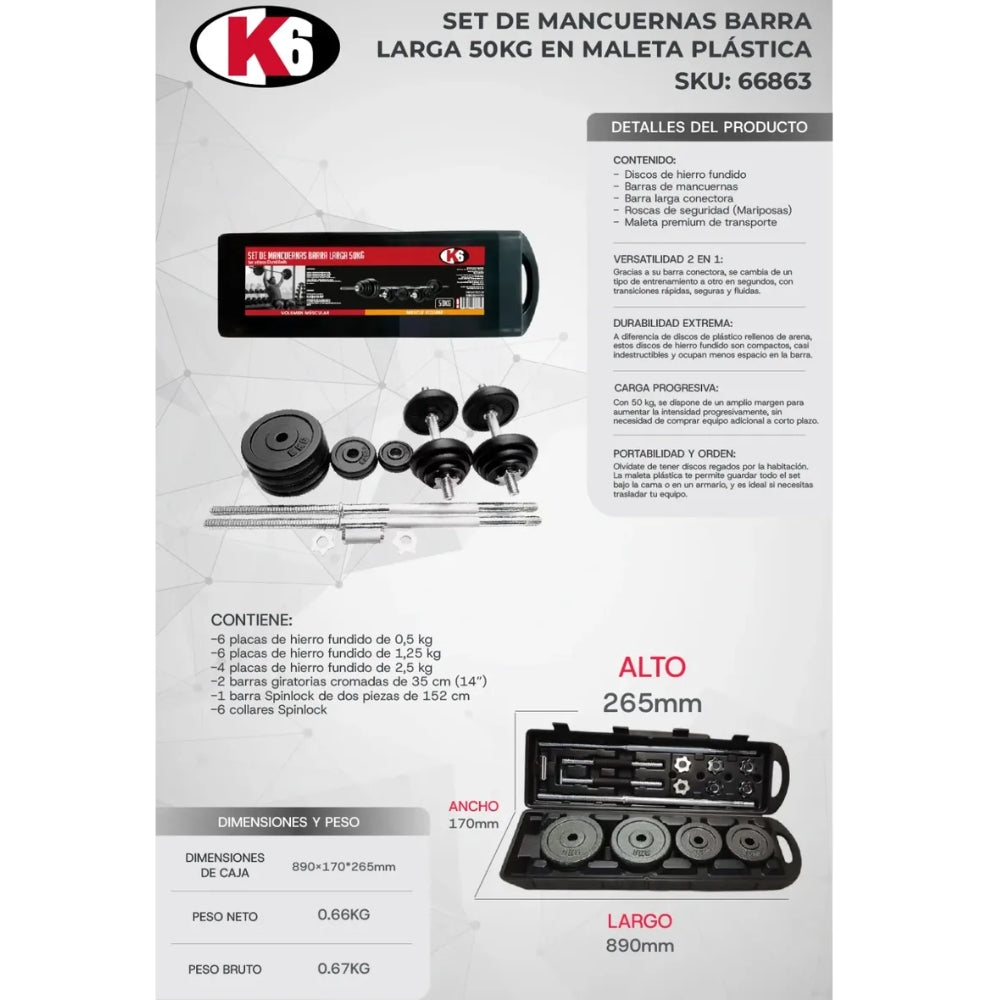 K6 Set de Mancuernas Barra Larga 50 Kg en Maleta Plastica