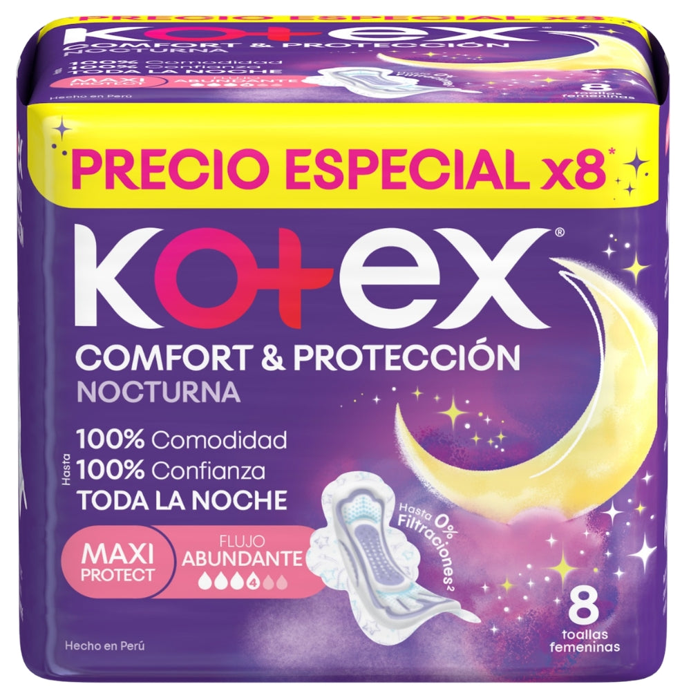 Kotex Toallas Sanitarias Nocturna Comfort & Proteccion 8 Und