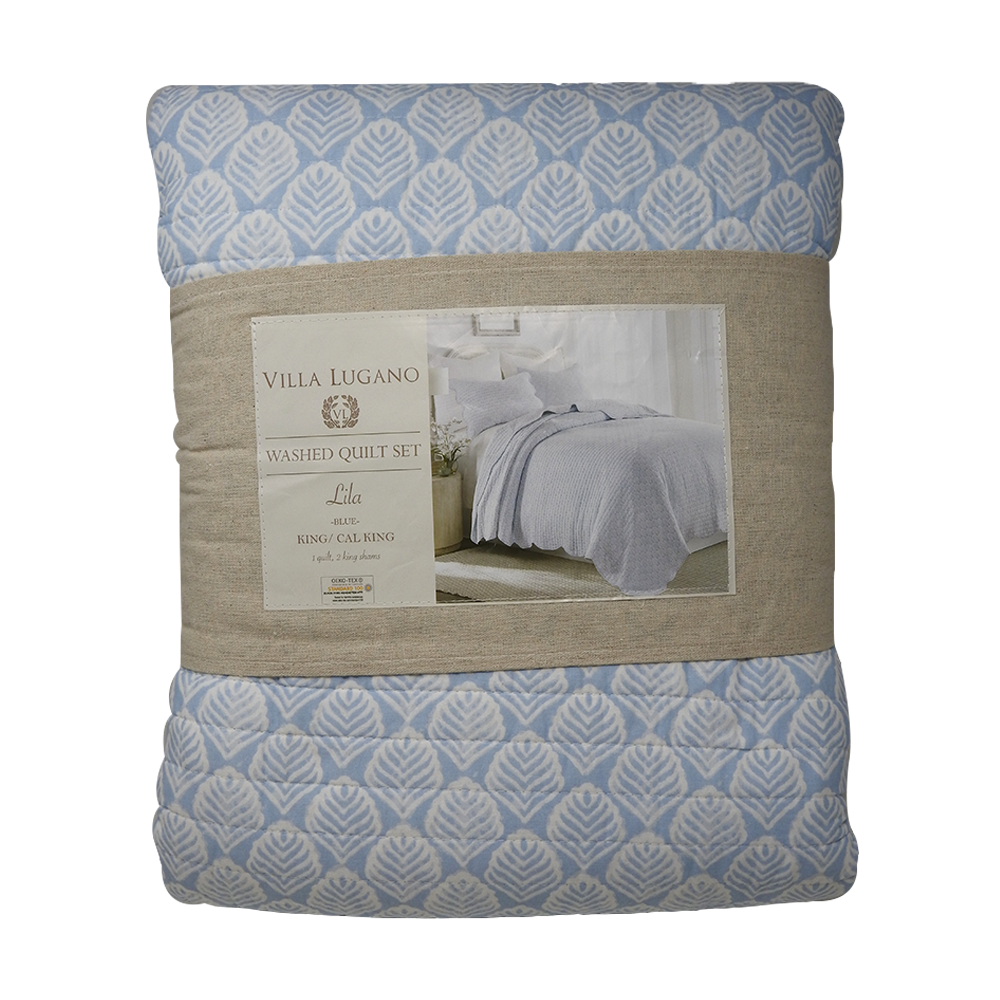 Villa Lugano Quilt Set Blue Leaves Cubrecama King Set 3 Piezas