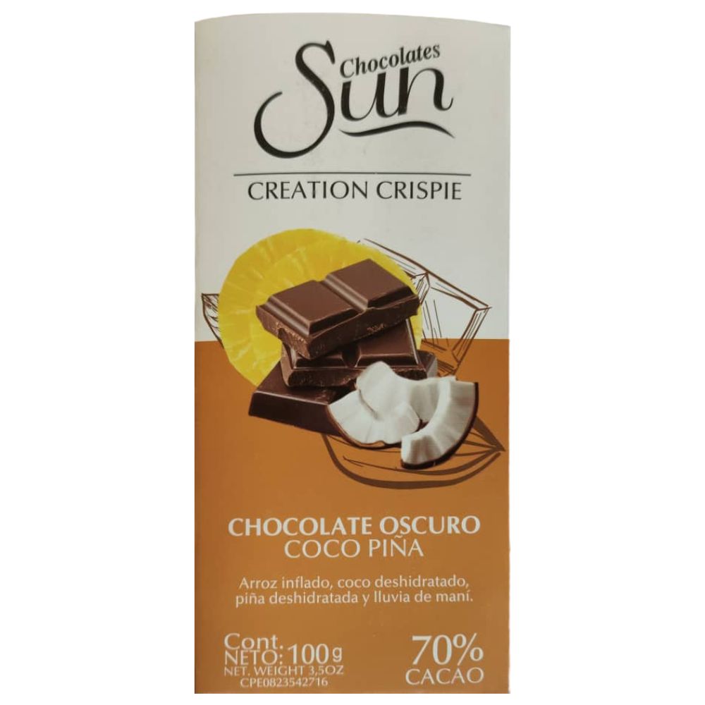 Chocolate Sun Creation Crispie Choco Oscuro Coco Piña 70% Cacao 100gr