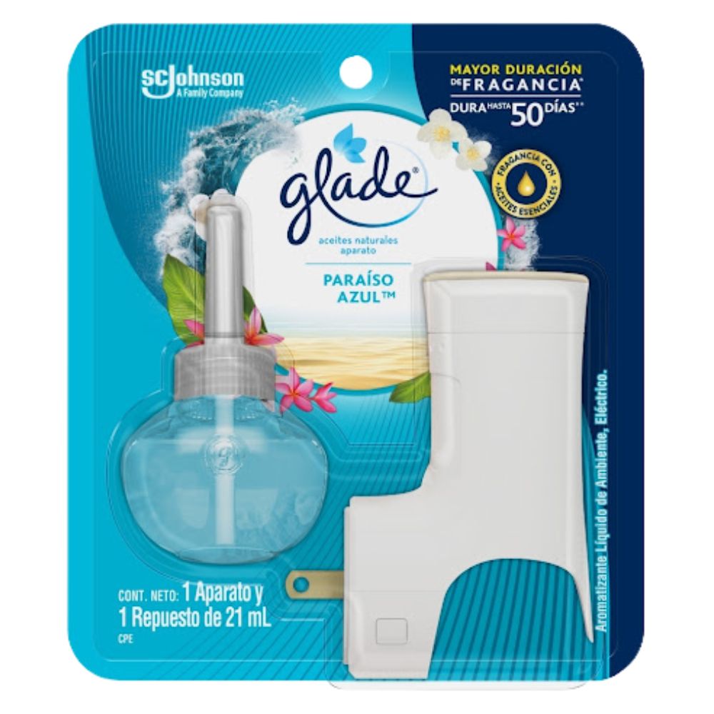 Glade Ambientador Electrico Aceites Naturales Paraiso Azul 21ml