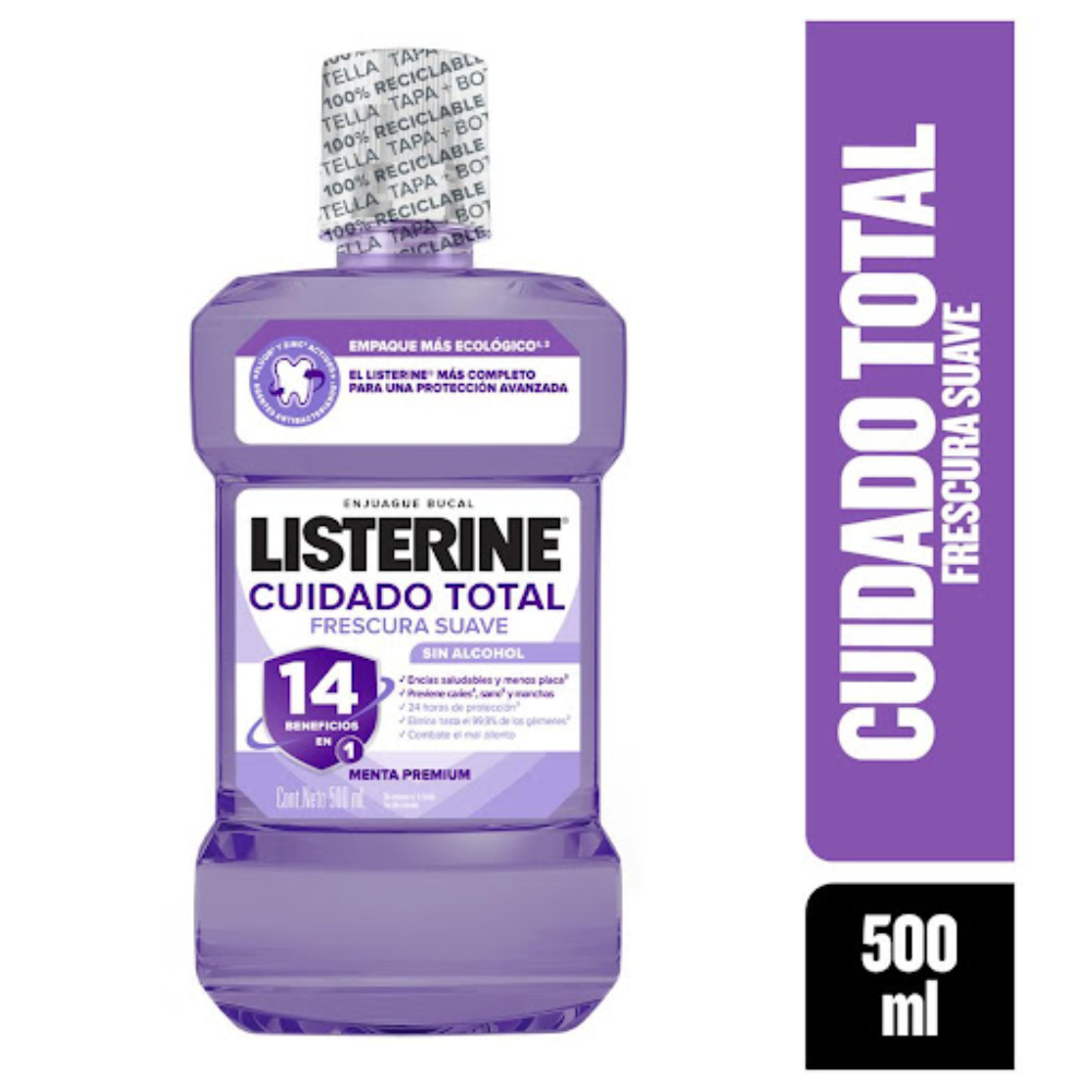 Listerine Enjuague Bucal Cuidado Total Frescura Suave Menta Premium 500ml