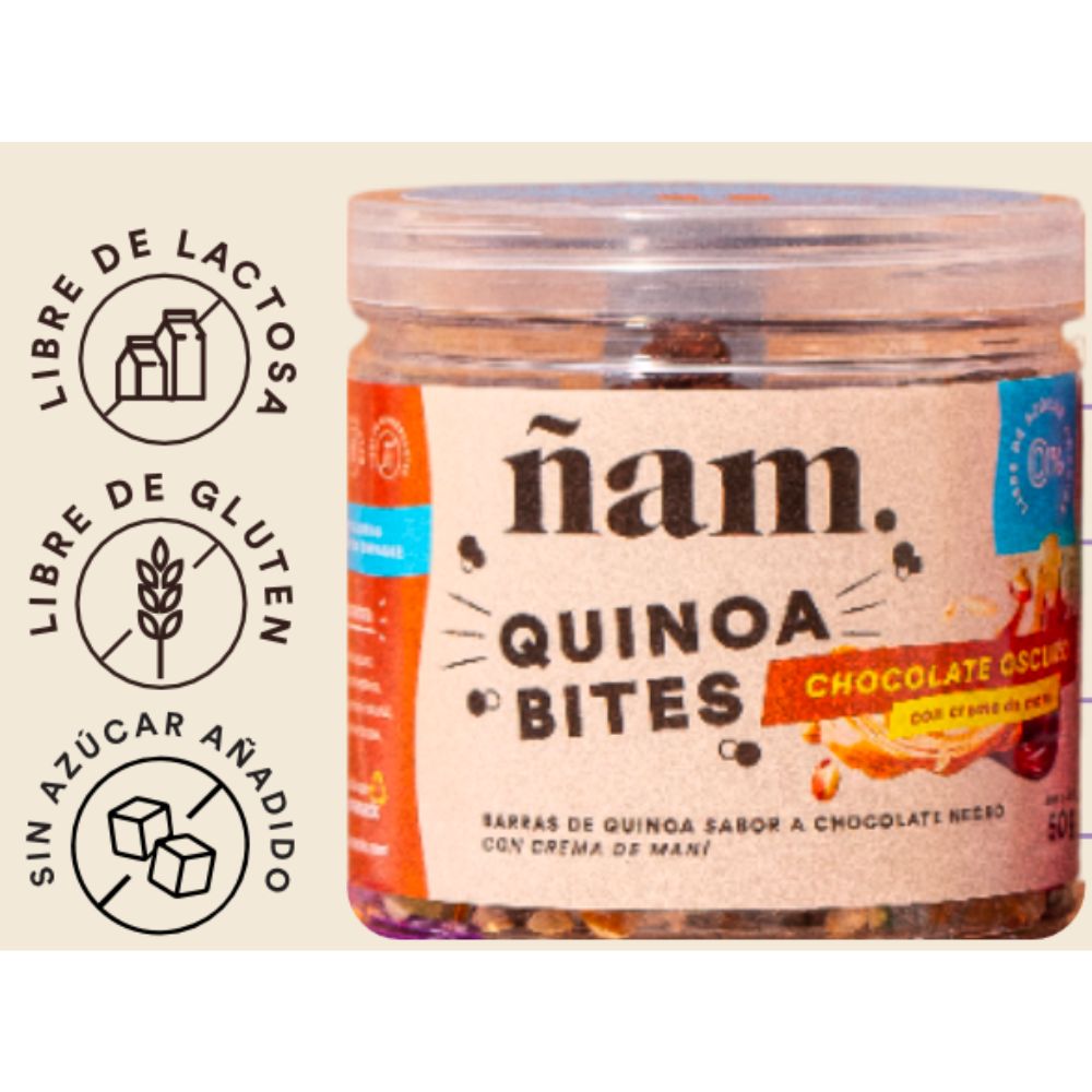 Ñam Quinoa Bites Chocolate Oscuro con Crema de Mani 50gr