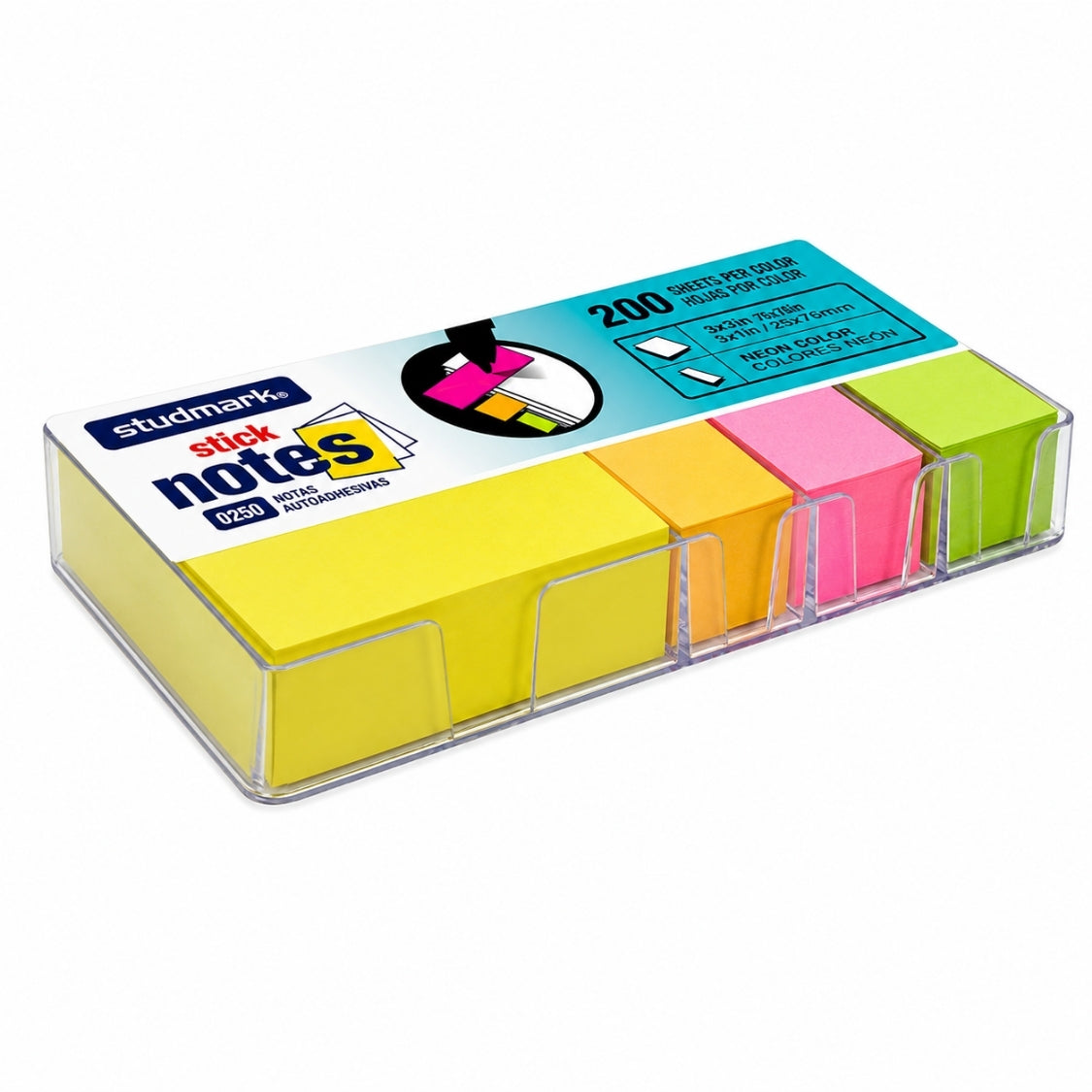 Studmark Notas Adhesivas Neon 7.5 x 7.5 cm + 2.5 x 7.5cm con Base Plastica