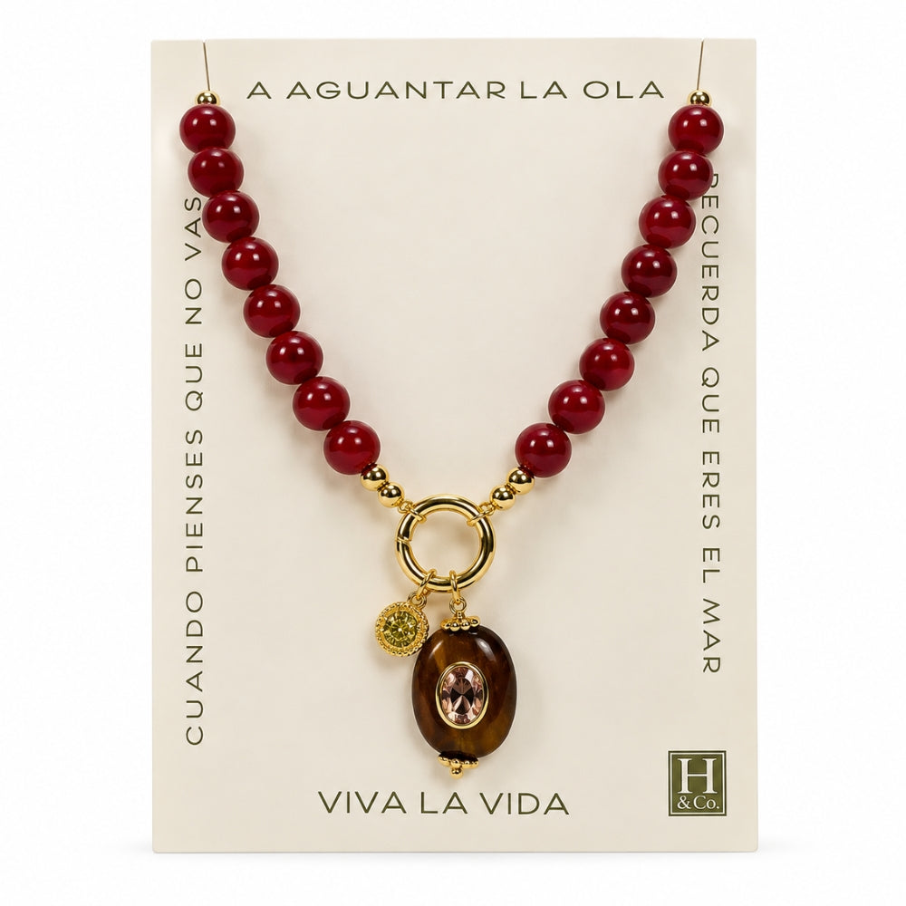 H&Co Collar Ajustable Para Damas Zion Ojo de Tigre y Coral